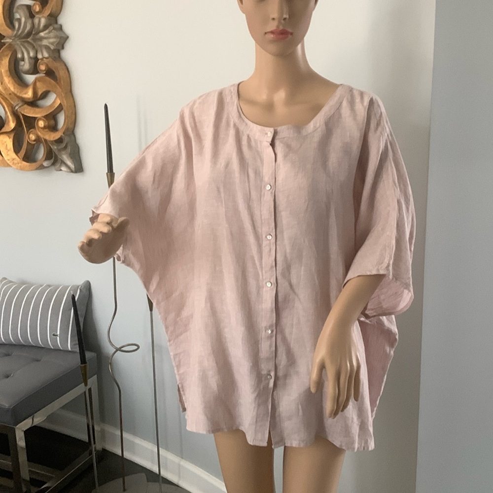 Tahari Pale Pink Button-Front Linen Blouse